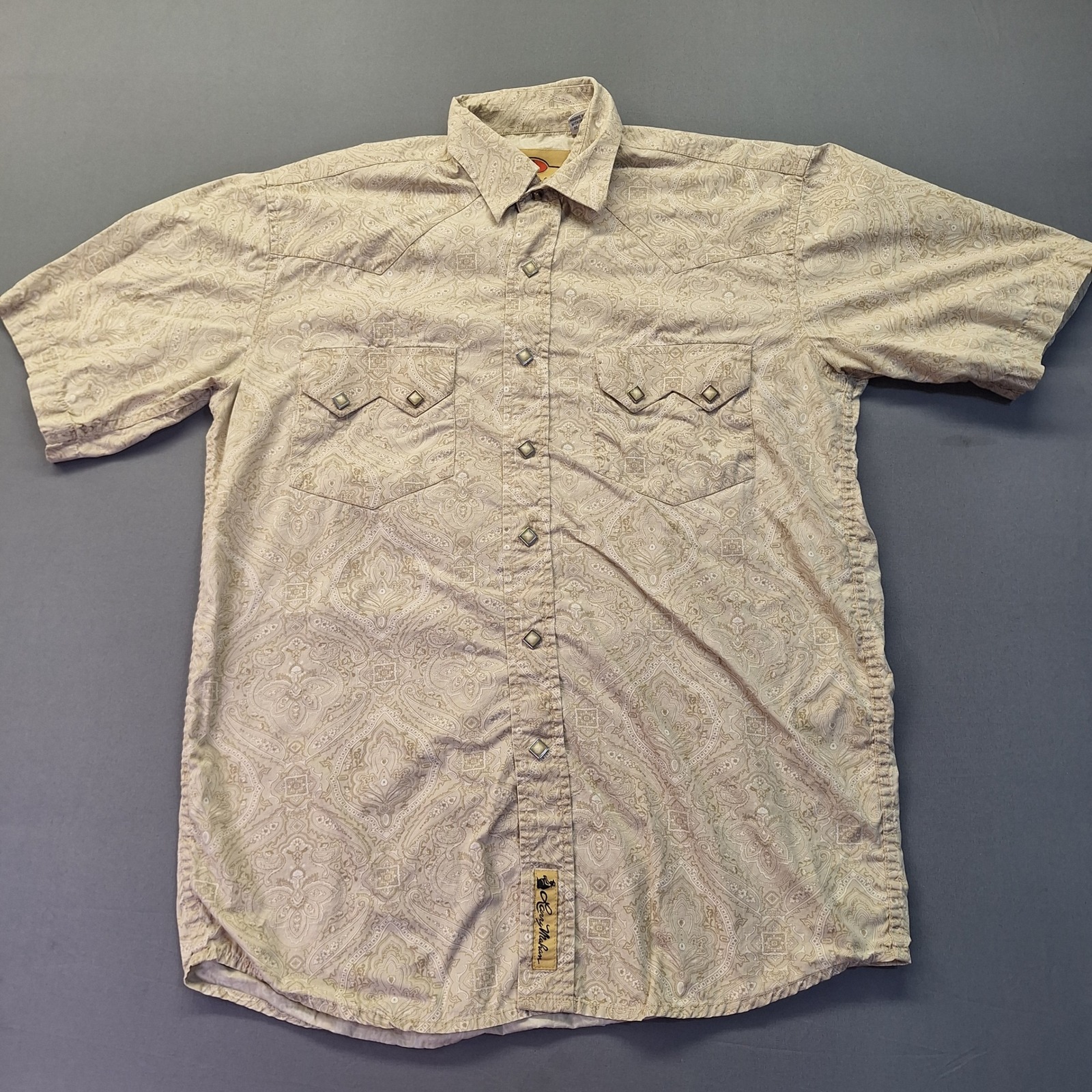 Larry Mahan Mens Paisley Western Pearl Snap Shirt Tan Short Sleeve Small Cowboy